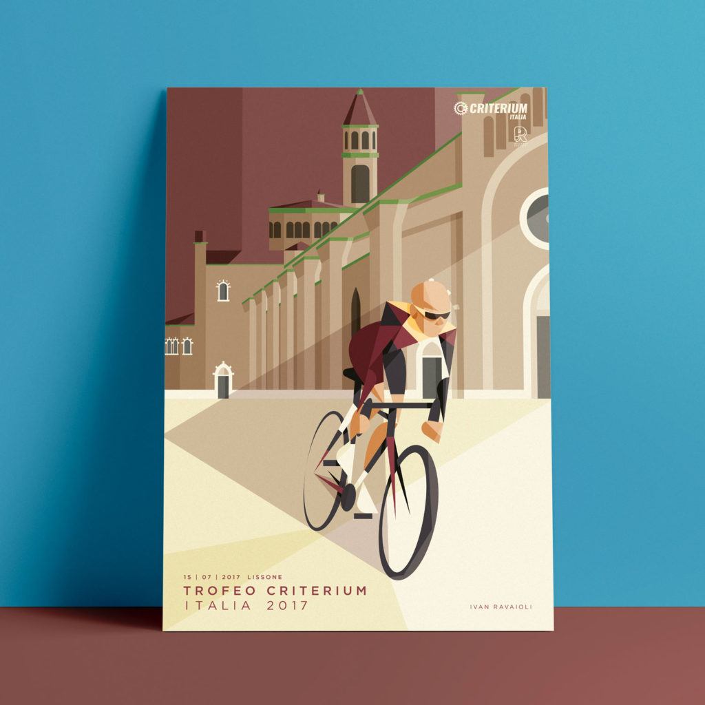 Lissone, the poster. Ivan Ravaioli is biking forward leaving behind the Lissone Cathedral and a burgundy sky.