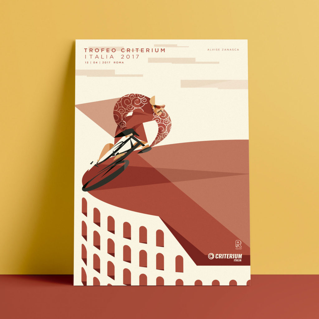 Rome, the poster. Alvise Zanasca is cycling on the edge of a stylized Colosseum. He's wearing his red bike uniform and he's leaving a red trail behind.