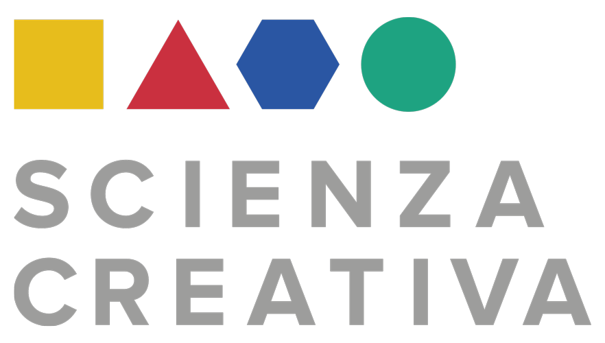 Scienza Creativa, il logo. Rispetto al manifesto, nel logo di Scienza Creativa gli elementi sono allineati e ordinati, pur riportando le caratteristiche forme e colorazioni.