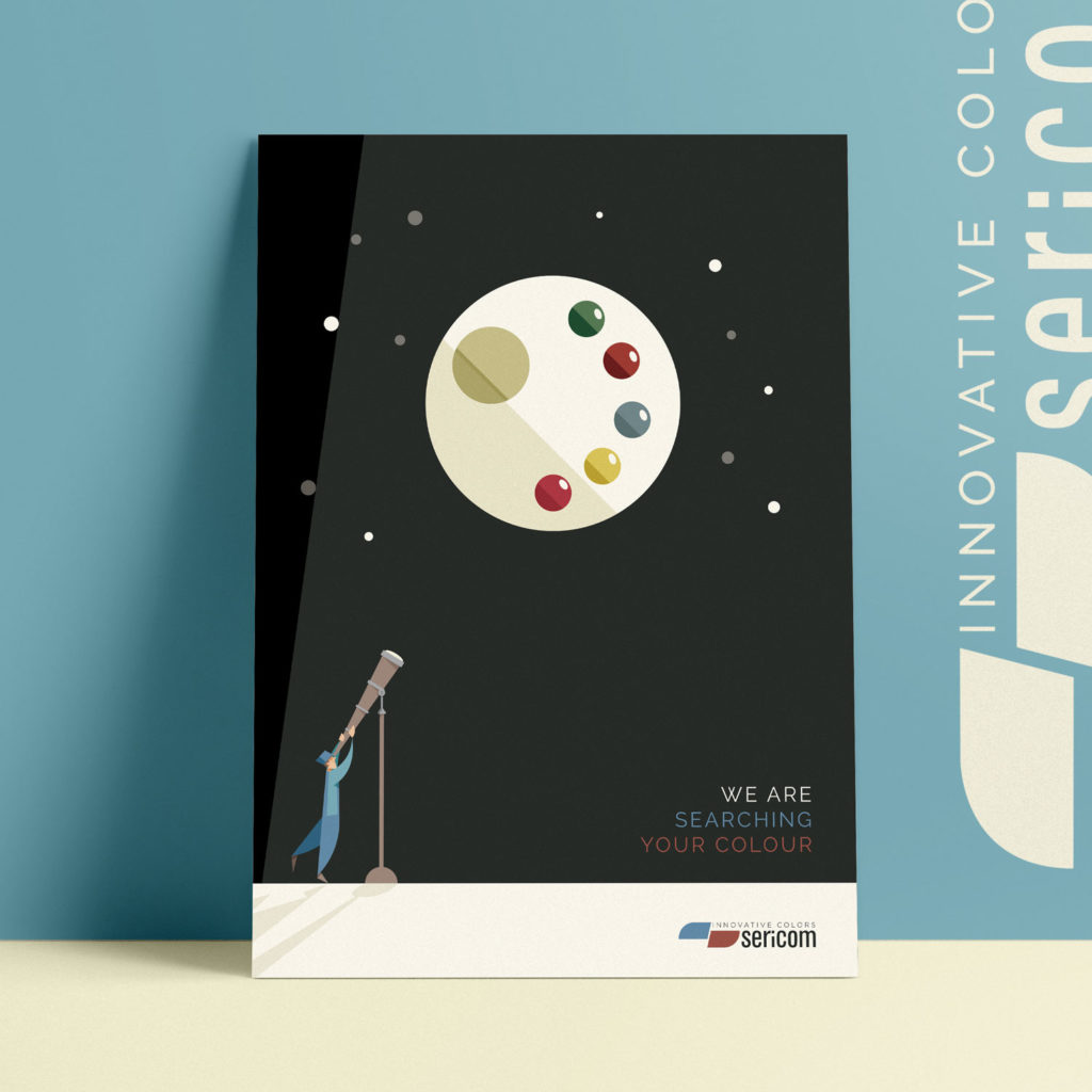 Sericom, poster n°2. The blue dressed worker is looking at the moon with a telescope. The moon looks like an artist's palette. The colors can be found in the sky as well.