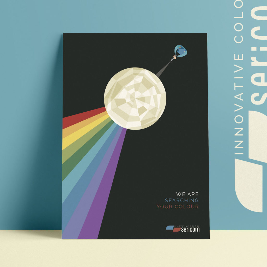 Sericom, poster n°6. The blue dressed worker is pointing a flashlight against a prism that refracts the light forming a rainbow.