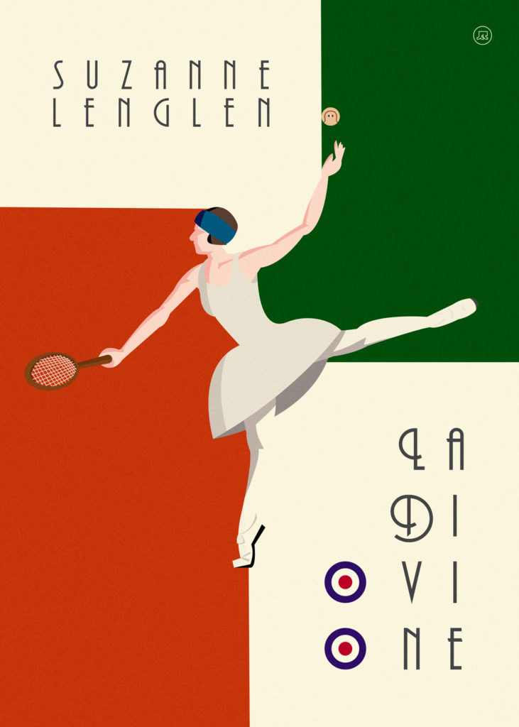 Suzanne Lenglen doing a dance step in the centre of the poster, while holding a tennis racket in one hand and a ball in the other one. She's wearing a dress similar to the one of a ballerina. Her white figure is in contrast with an orange field that recalls the red clay of Paris, but it's also in contrast with a green field, a clear reference to Wimbledon, where Suzanne had her consecration.