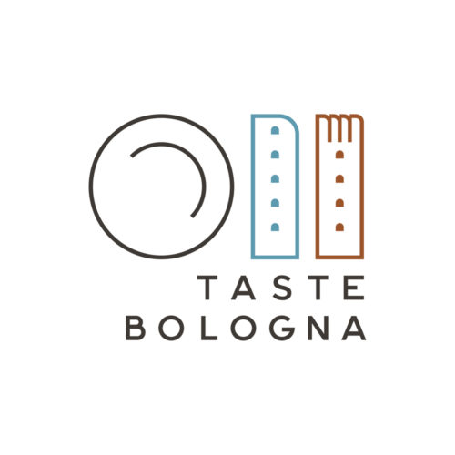 Taste Bologna, the logo. Made to be young and classic at the same time, it represents the two towers stylized as a fork and a knife, together with a plate and the text “Taste Bologna” below them.