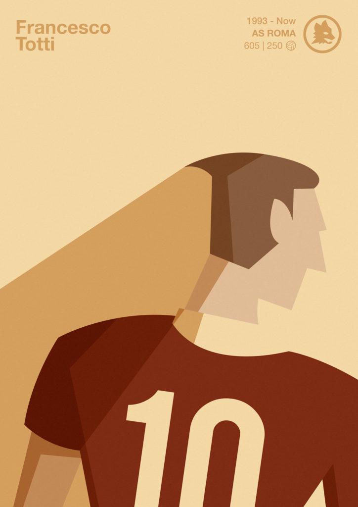 Francesco Totti, the eighth king of Rome, depicted from the back, the number ten on a yellow and red t-shirt, a yellow collar fading in the warm background.