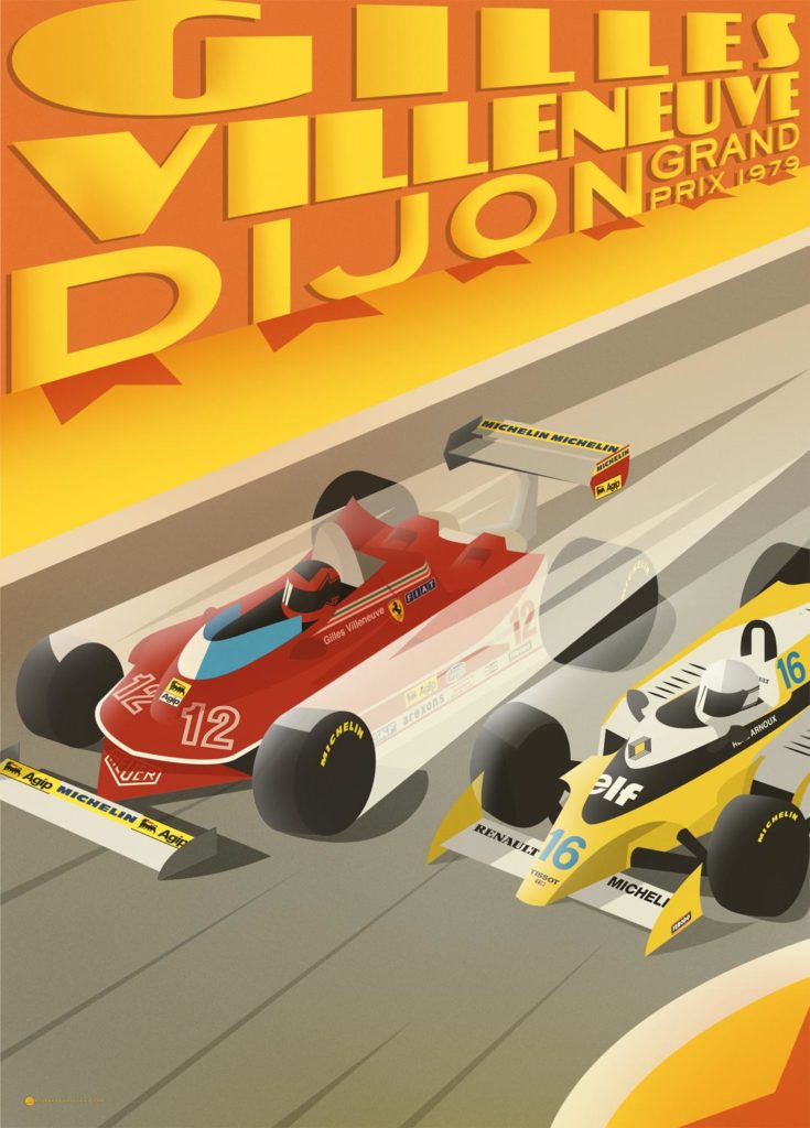 The racing cars of Villeneuve and Arnoux are speeding on the Dijon's circuit. This is a clear reference to the epic competition that took place between the two drivers during the 1979 Grand Prix. Villeneuve is driving his Ferrari, red obviously, Arnoux is driving his yellow and white Renault. From the wheels speed flashes are emerging.