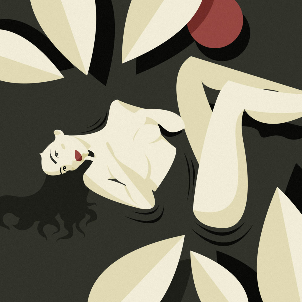 woman in black 2, una ragazza si copre languidamente i seni immersa in un liquido nero mentre guarda verso di te, i capelli si perdono nel fluido e delle larghe foglie bianche la circondano.