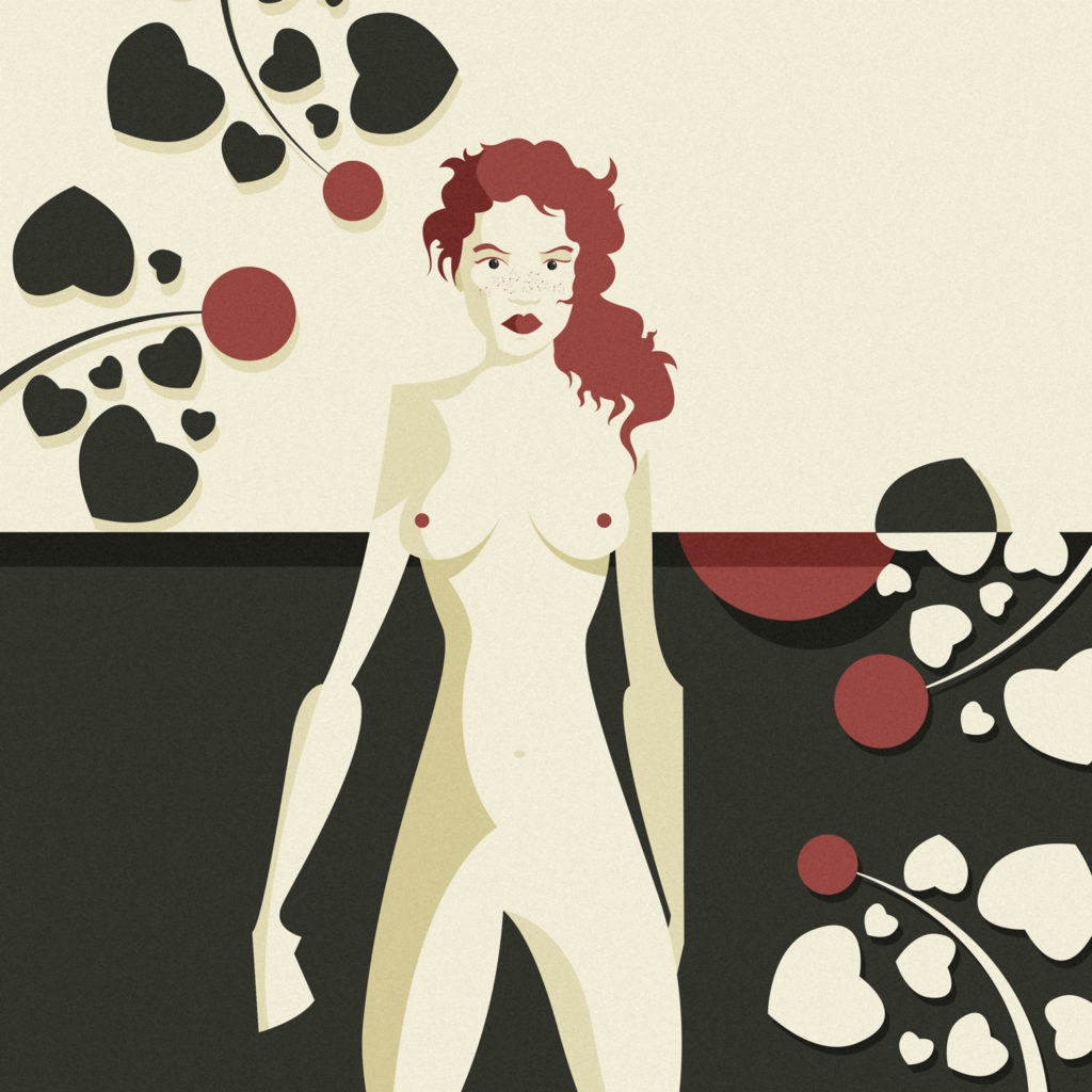 Woman in black 4, a naked girl, with curly ginger hair, is looking severely in front of her while in the distance red flowers with hearth-shaped leaves surround her.