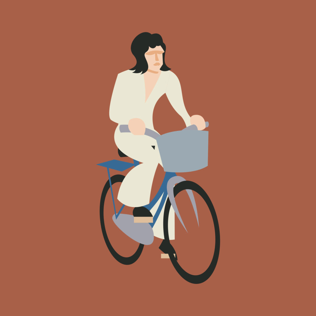 Freddie Mercury on a ochre background wearing flared trousers. Helmet hair, no beard, riding a light blue Graziella. 