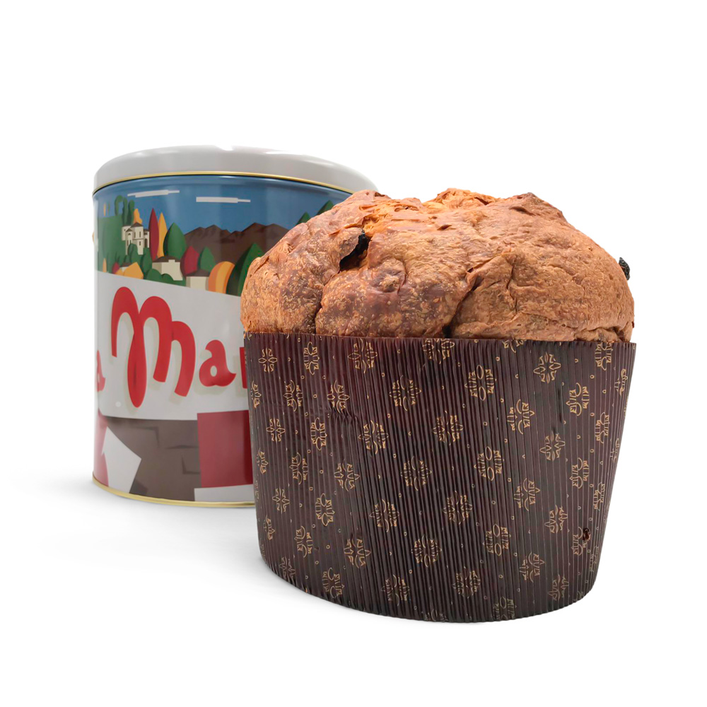 Un classico panettone Marianna con alle sue spalle la lattina decorata con l'illustrazione commissionatami