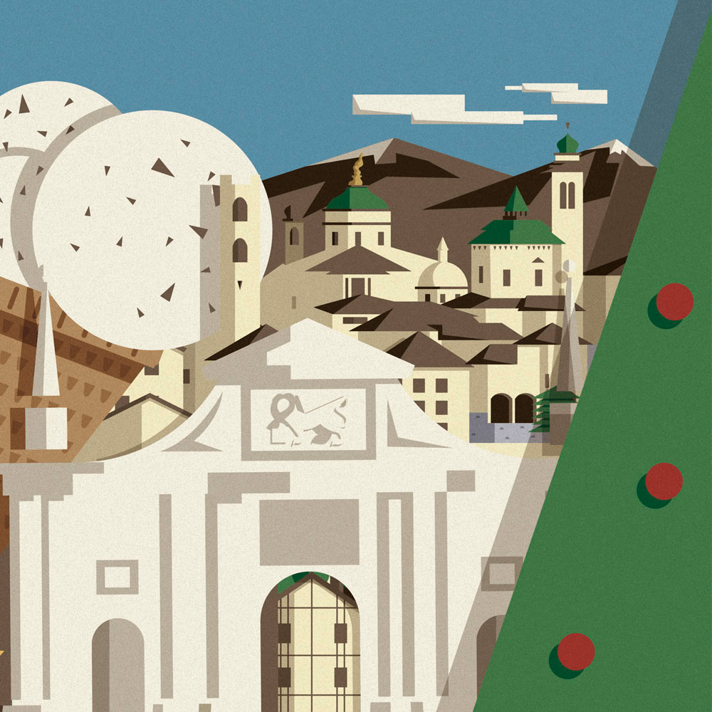 The illustration in details, third and last part. The surprise is an ice cream cone with stracciatella that fits between the towers of the city of Bergamo and its main gate. On the gate the venetian Dogi lion stands out. In the backgrond the snow-covered Alps appear. 