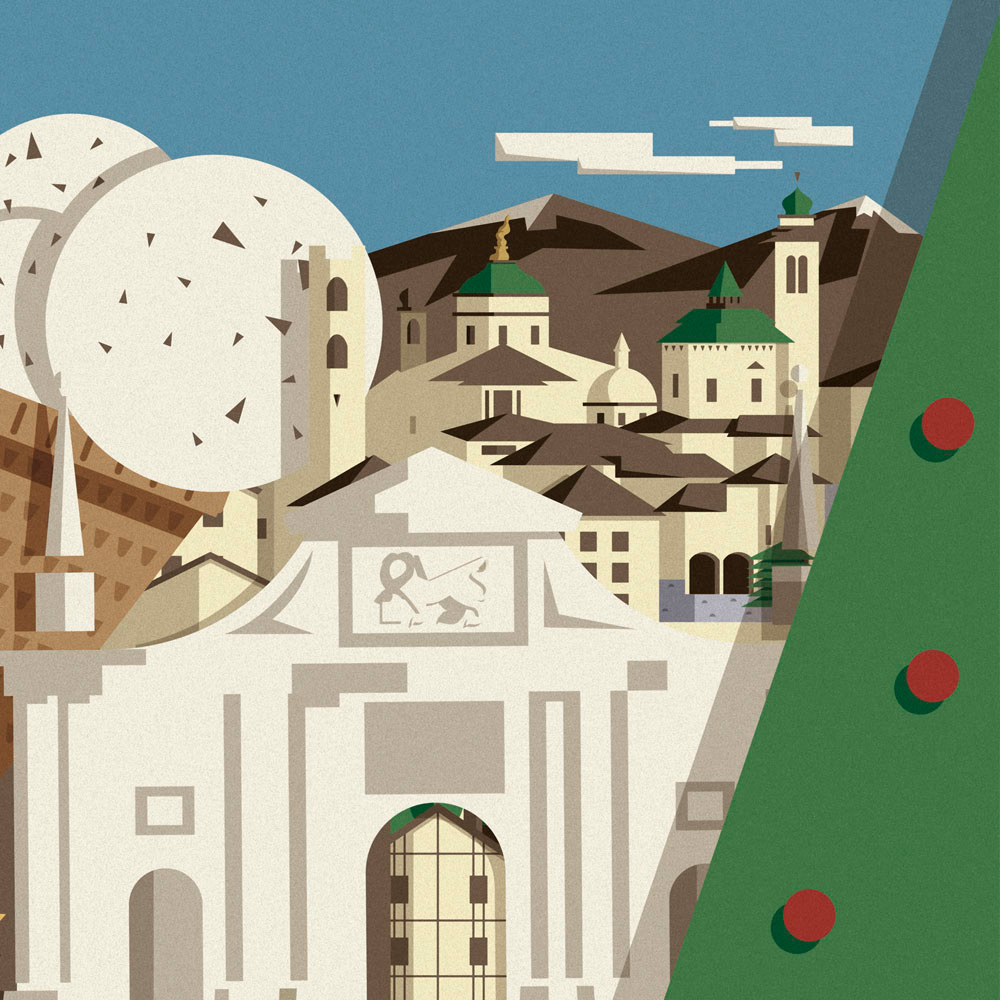 L'illustrazione nel dettaglio, terza e ultima parte. La sorpresa è un cono gelato al sapore stracciatella che si incastra fra le torri della città di Bergamo e la sua principale porta d'ingresso, su cui campeggia il leone che un tempo fu dei Dogi Veneziani. Sullo sfondo della città si stagliano innevate le alpi.