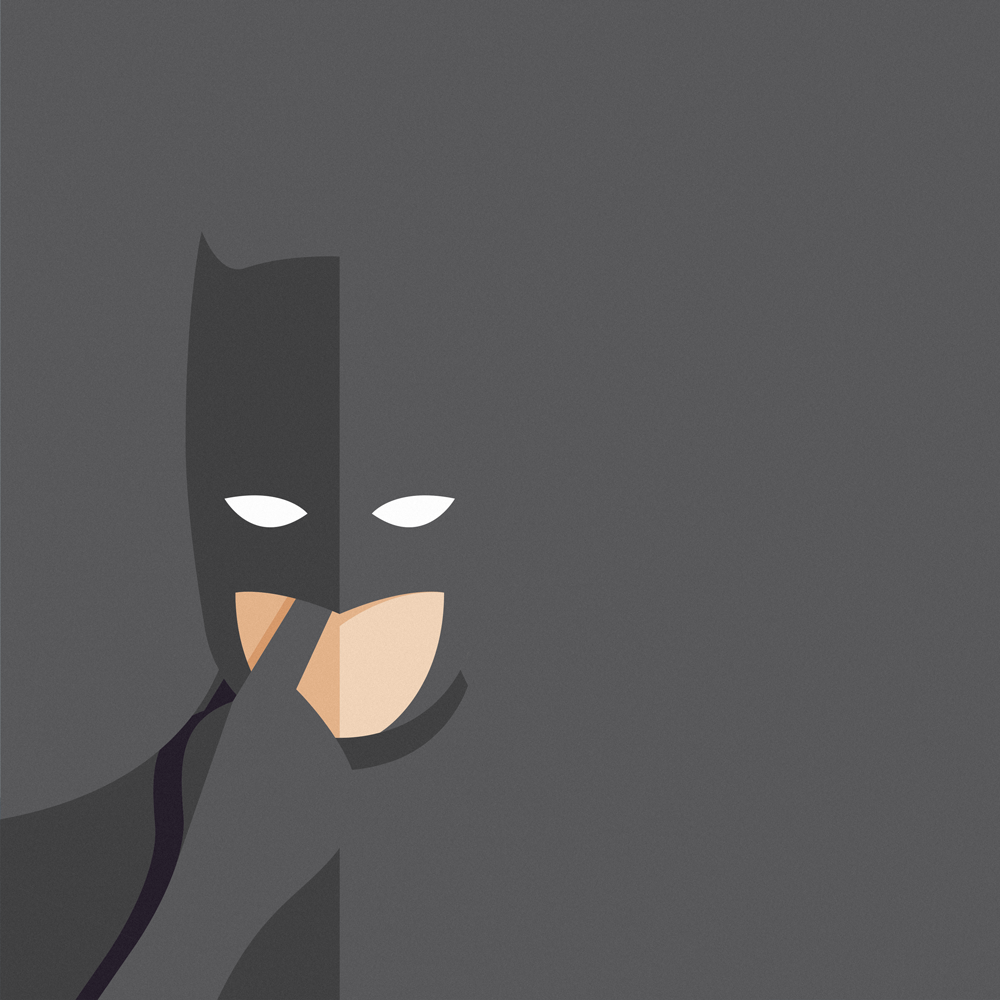 Imperfect heroes: Batman with his finger up his nose. 
Batman is picking his nose, the background is black and it merges with the dark silhouette of the superhero. However, it's very clear that Bruce Wayne is picking his nose with his big glove. 