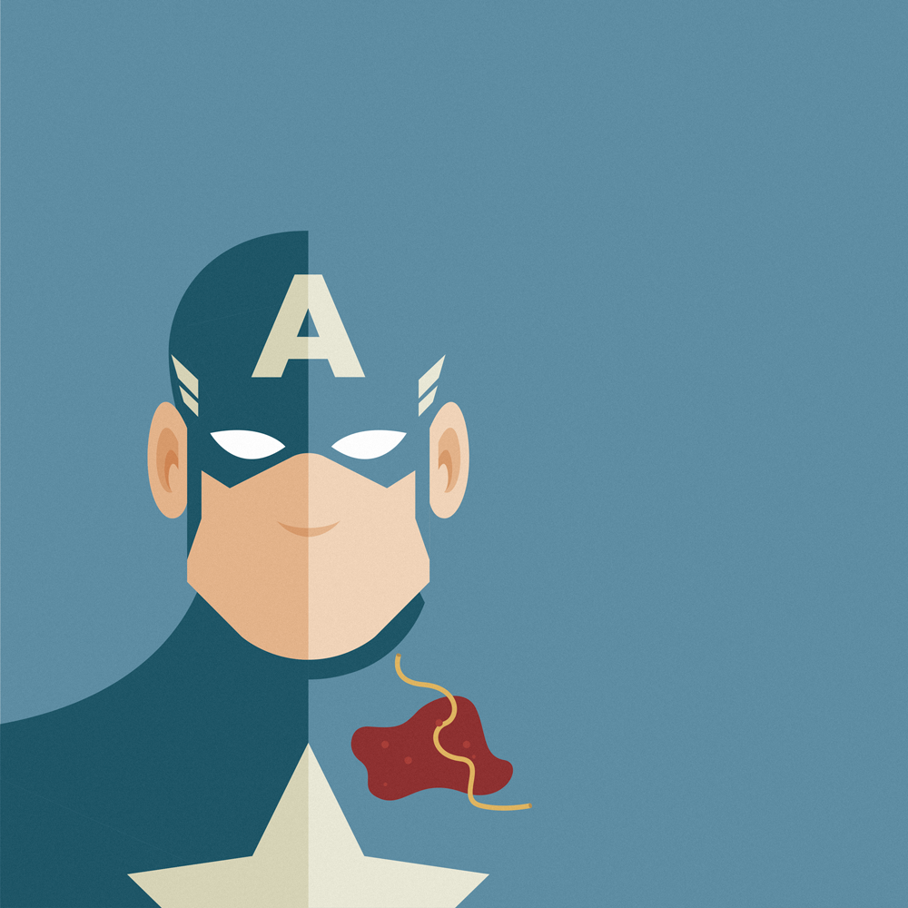 Imperfect Heroes: Captain America and the Spaghetti sauce. 
Captain America wearing his usual blue helmet, he has a star on his chest, on a light blue background that merges with his suit. He's caught with a big stain of sauce and a noodle on his suit. 