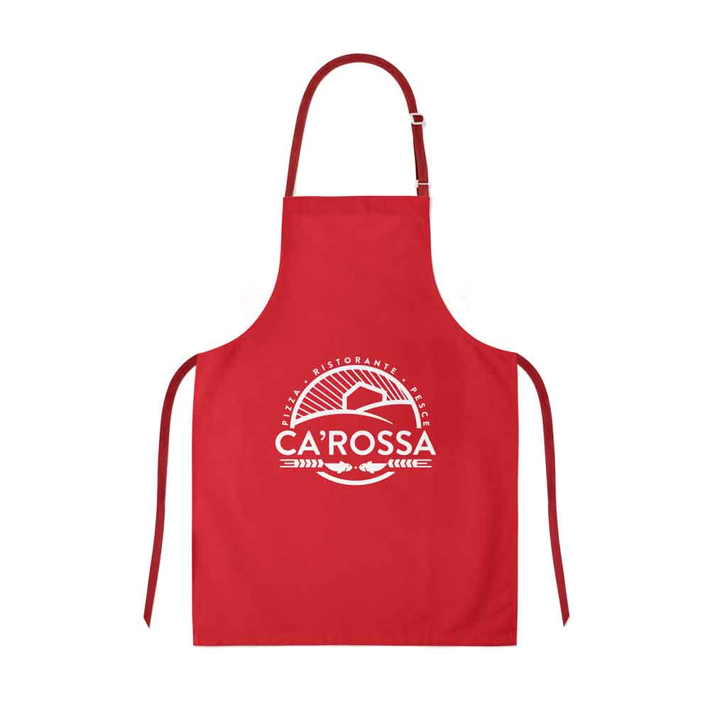 The Ca' Rossa apron, completely red with a very visible white logo in the centre. 