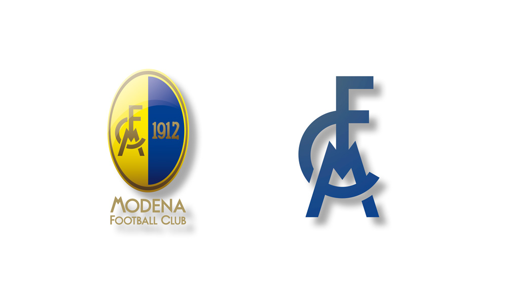 Comparison between the two Modena FC brands. On the left, the old classic brand with the traditional yellow and blue oval with the acronym FCM on the left and the year 1912 on the right, underneath the writing "Modena Football Club". On the right of the image there is the new brand with the simple monogram MCF without all the other elements. 