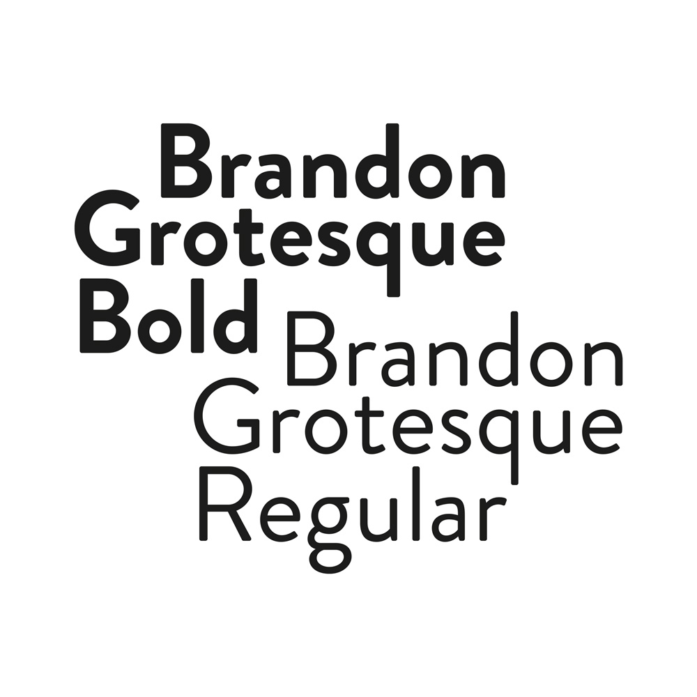 The Brandon Grotesque Font bold and regular, used for the composition of the logo and its coordinate image. 