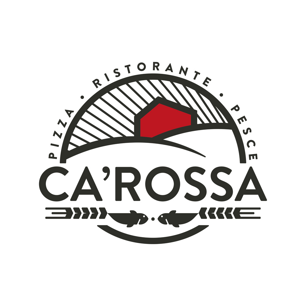The Ca' Rossa logo in its final shape. A circumference inside of which there are two hills and a red house. On the background there are some rays that recall the Calatrava bridge and in the bottom part of the semi-circle the writing "Ca' Rossa" appear. Underneath it there is a graphic frame made of two fish with tails similar to ears of wheat.