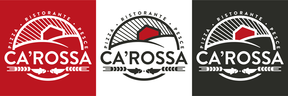 Logo Ca' Rossa, variazioni cromatiche. Il logo e le sue variazioni a seconda che il fondo sia rosso, nero o bianco.