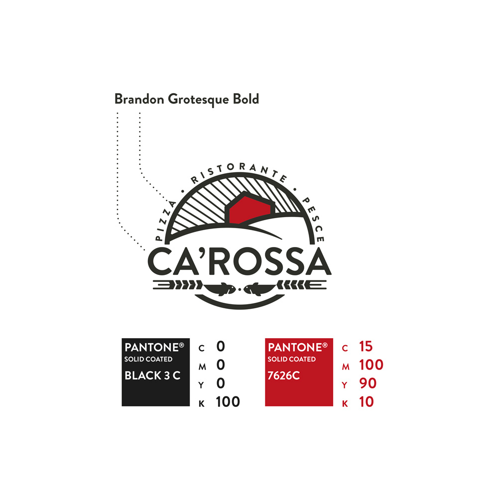 Ca' Rossa, font and pantone colors. A bright red inside of the house and a classic black for the other shapes. 