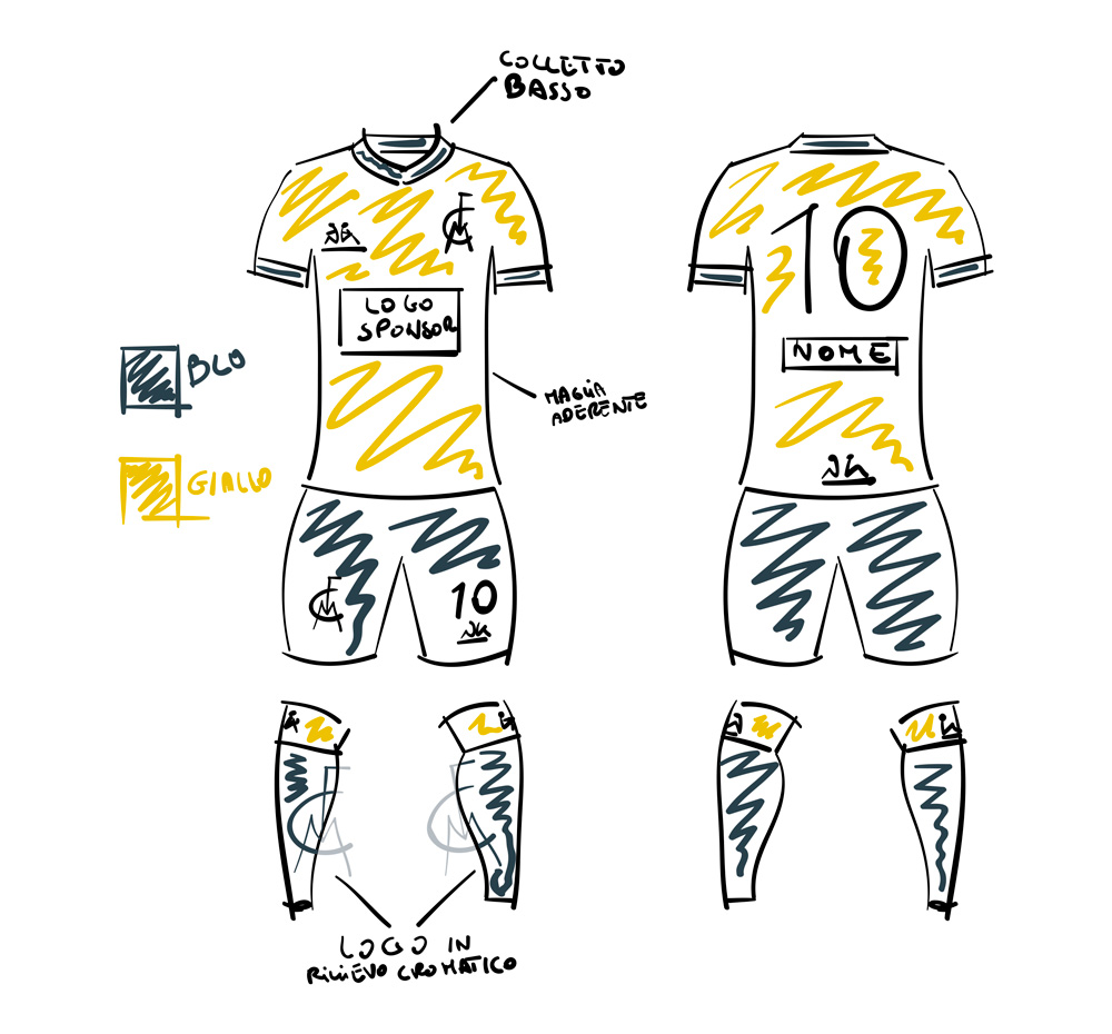 Modena FC, sketch della maglia. Uno schizzo con alcune idee al volo su come strutturare la maglia di casa dei futuri canarini.